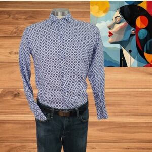 P. Langella 100% Linen Men's Button Front Blue Shirt Made In‎ Italy Size Medium